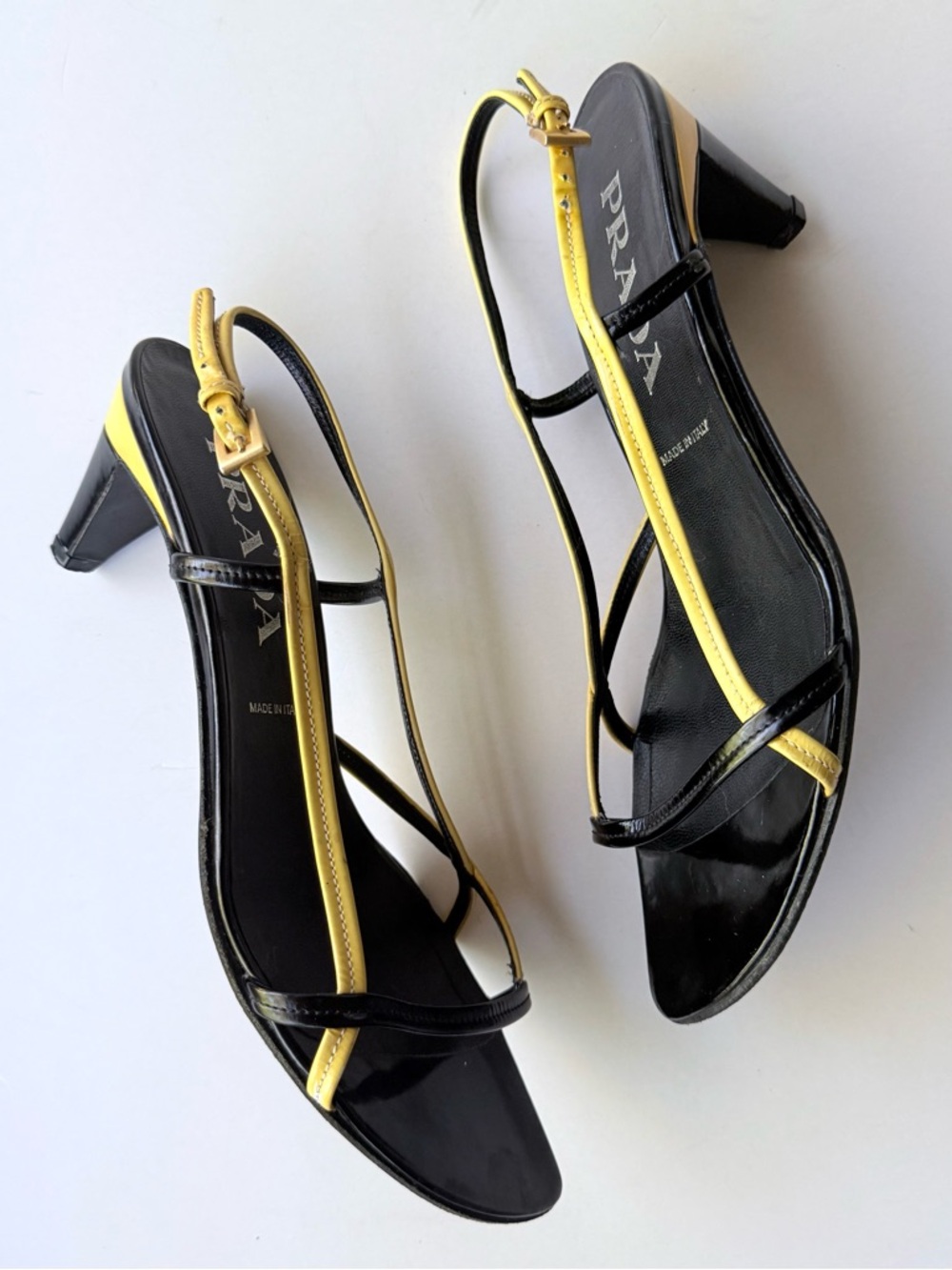 Vintage Prada Black & Yellow Patent Leather Strappy Slingback Sandal Heels 39.5 - Picture 7 of 16